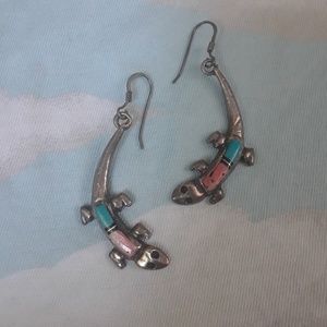 Cute Turquoise & Coral Sterling lizard earrings